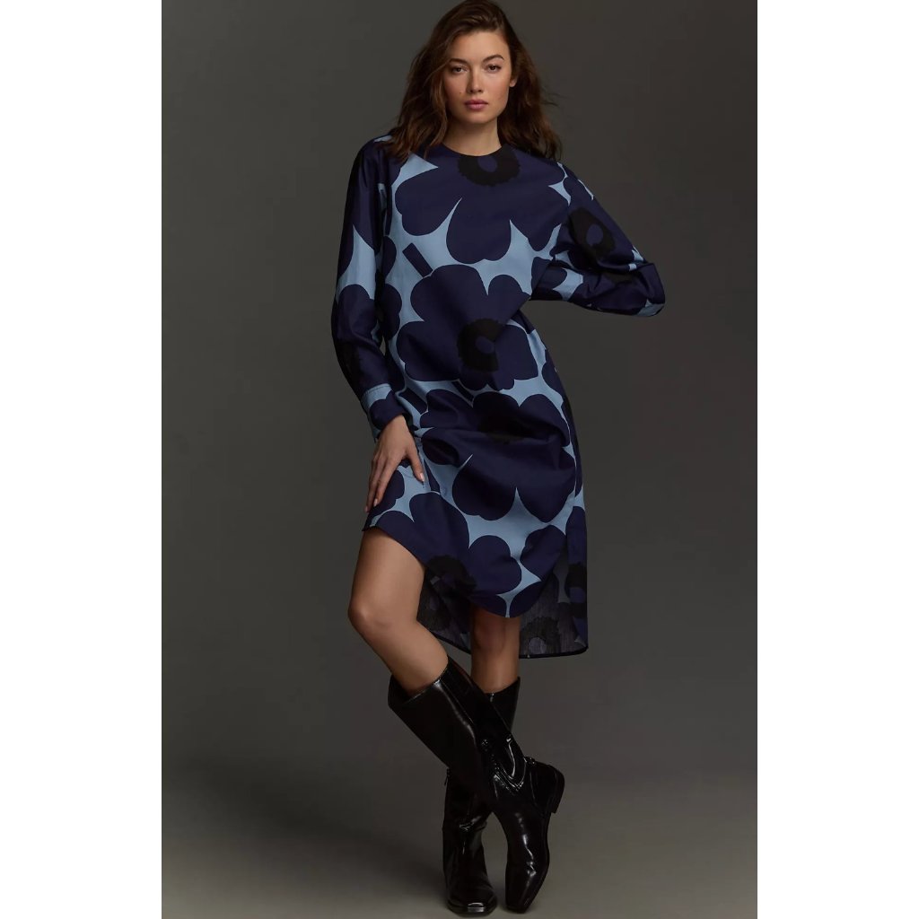 Anthropologie Marimekko Febina Unikko Blue Cotton Floral Dress Nwt Size 34 Xs